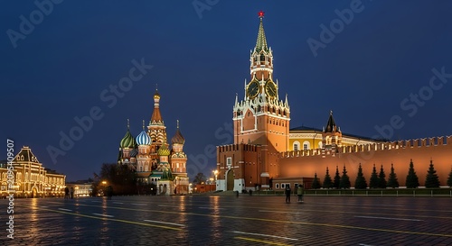 Moscow Red Square at Night with Saint Basil Cathedral and Kremlin Spas Tower.