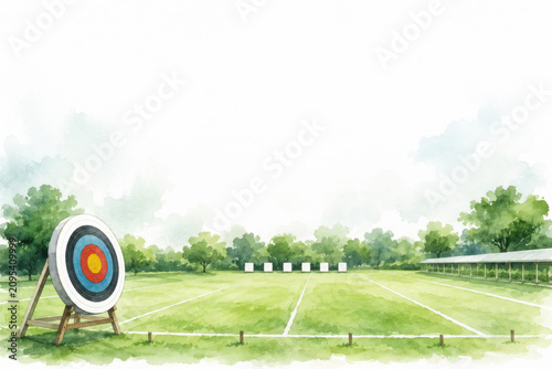 Watercolor archery range with target on stand, green field, white tones, soft wash technique, open sports venue, copy space above for text overlay