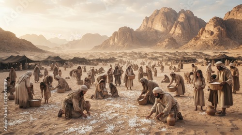 Israelites gathering manna food during their desert journey in the biblical wilderness.