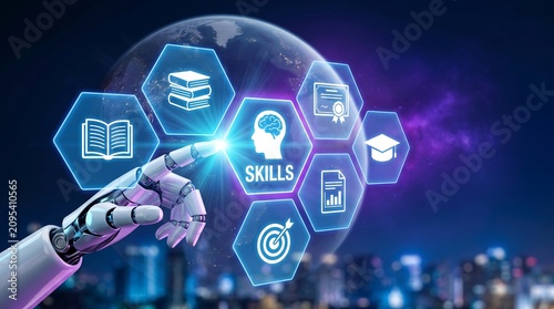 Futuristic Robotic Hand with Digital Education Icons for AI Learning and Skill Development