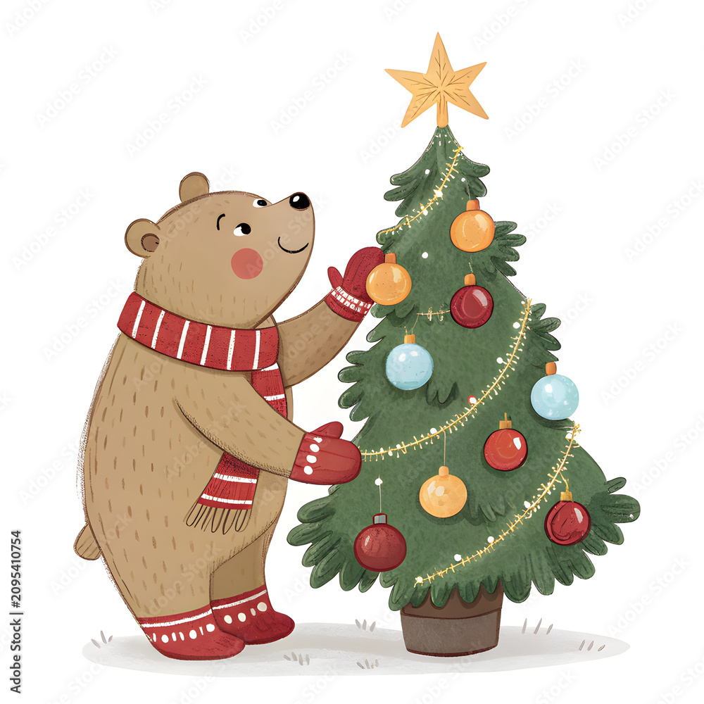 Fototapeta premium adorable bear decorating a small Christmas tree with colorful ornaments and a golden star, isolated on white background