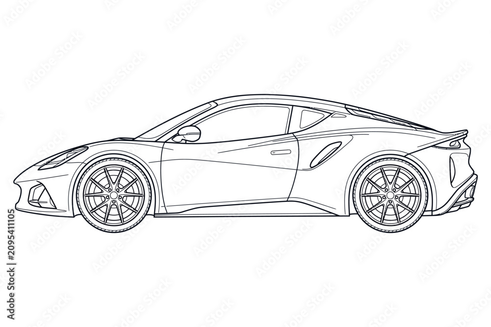 Naklejka premium A sleek sports car vector line art, isolated on white. Perfect for automotive designs, kids' coloring pages, and creative transportation-themed projects.