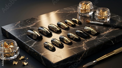 Set of black press on nails with gold geometric art on a dark stone surface with beauty tools. Geometric Nail Decor