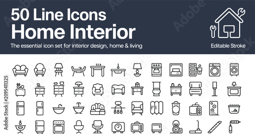 Home interior thin line icon bundle vector illustration featuring essential house furniture apartment renovation architectural planning elements