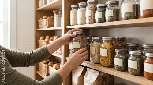 Person organizing pantry shelves with jars of dry goods and baskets of produce