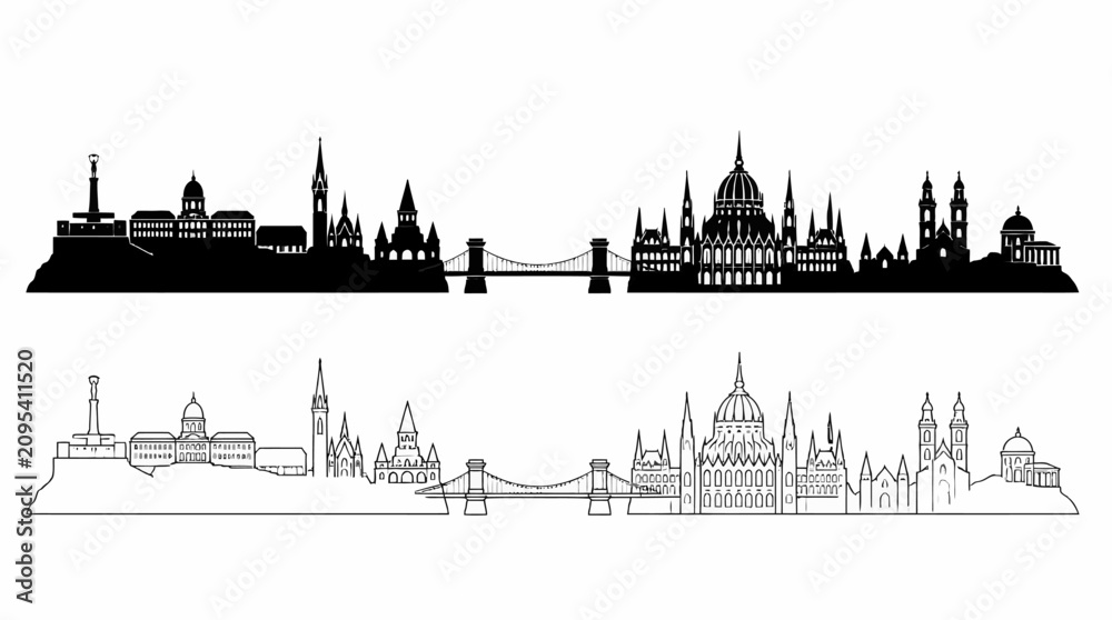 Fototapeta premium Budapest City Skyline Silhouette with Iconic Landmarks in Vector