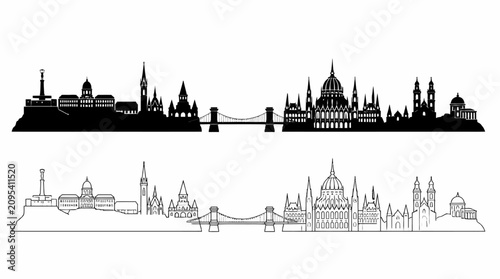 Budapest City Skyline Silhouette with Iconic Landmarks in Vector