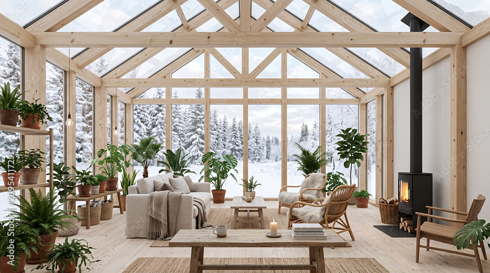 Obraz premium Cozy glass conservatory filled with plants and a wood stove overlooking a snowy forest