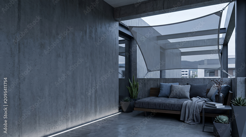 Obraz premium Minimalist concrete patio with daybed under a shade sail at blue hour