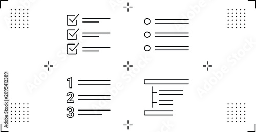 Photos Business Checklist and Document Formatting Bullet List Icon Set with Line Art Sy