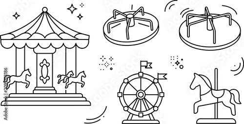 Carousel icon set with amusement park ferris wheel and playground merry-go-round elements