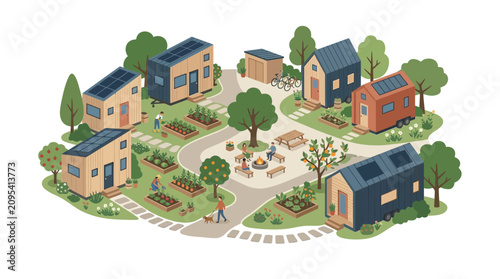 Tiny House Eco Village Community with Sustainable Gardens and Solar Panels