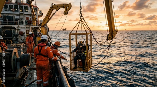 Commercial diver being lowered into the ocean from a support vessel at sunset.