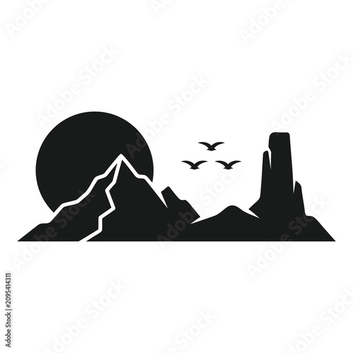 Canvas Print Black silhouette of mountains with sun and flying birds icon