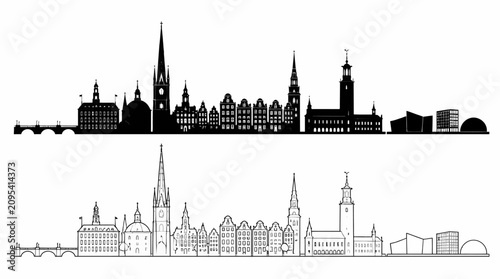 Stockholm skyline silhouette and outline with landmarks, Swedish travel graphic.