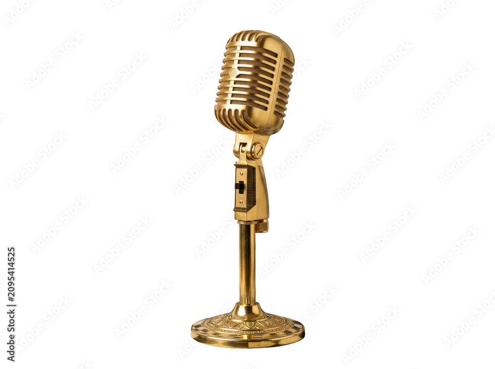 Fototapeta premium Golden vintage microphone on stand