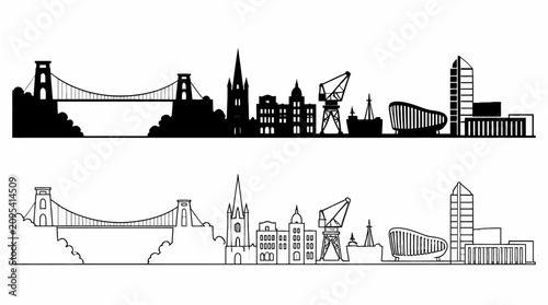 Bristol city skyline silhouette with Clifton Suspension Bridge, urban travel.