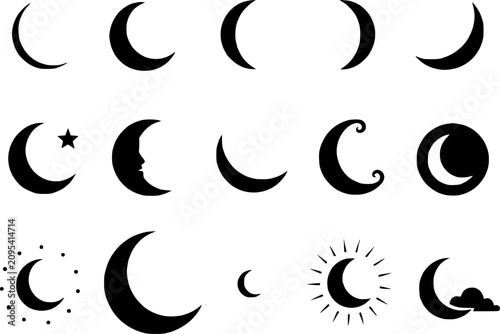 Obraz na plátně Crescent moon silhouettes vector icon set isolated
