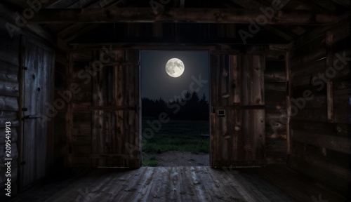 Abandoned Barn Door Open to Moonlit Field