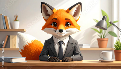 Charming fox executive illustration featuring expressive eyes, a fluffy tail, and a warm corporate atmosphere.
