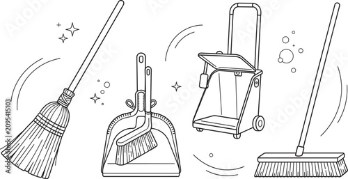 Photos Cleaning tools line icon set with brooms dustpan and janitorial cart vector illu