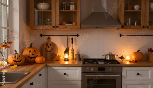 Cozy Halloween Kitchen with Jack-o'-Lanterns and Autumn Decor