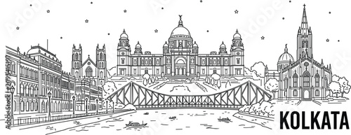 Foto Kolkata city skyline horizontal banner vector illustration featuring famous land