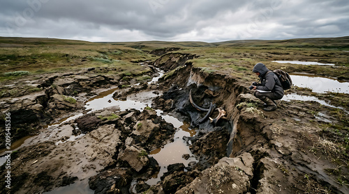 Stark landscape showing permafrost melt and geological subsidence revealing climate change environmental transformation
