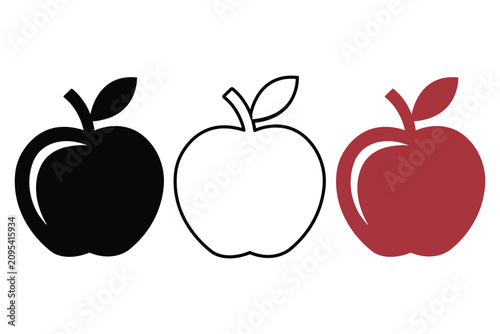 Foto Three stylized apple icons showing black solid outline and solid red fruit varia