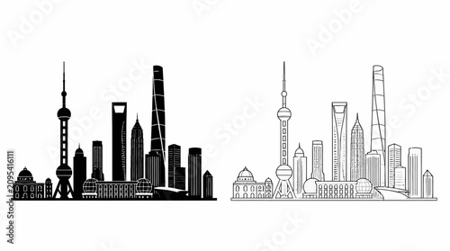 Shanghai City Skyline Silhouette and Line Art Illustration