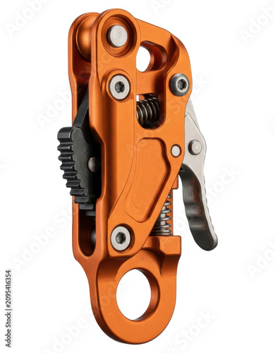 Orange mechanical rope ascender for climbing isolated over transparent background