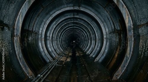 Dark abandoned underground subway tunnel with circular concrete walls.
