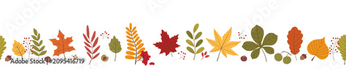 Tableau sur toile A crisp linear seamless horizontal vector border containing fall tree leaves acorns chestnuts and bright red berry bundles arranged in a straight sequence