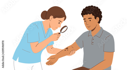 Photos Doctor Examining Skin Mole on Patient Arm with Magnifying Glass