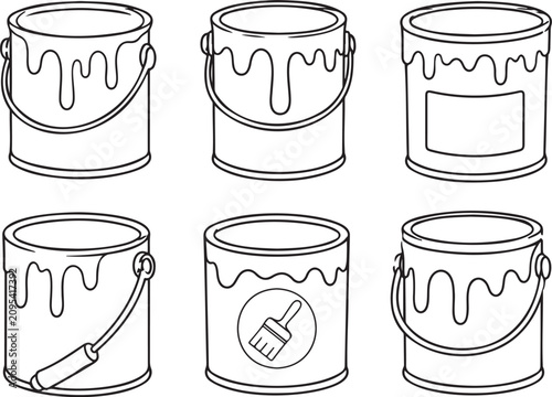 Paint Bucket Icon Set with Open Metal Paint Cans Vector Illustration for Home Renovation Design
