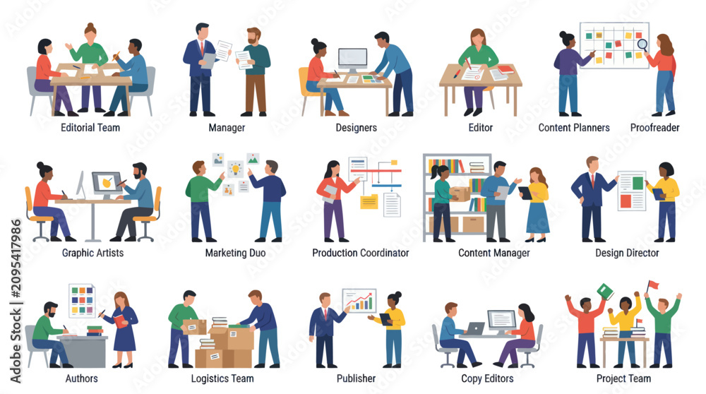Fototapeta premium Diverse teams collaborating in office settings, flat design illustration
