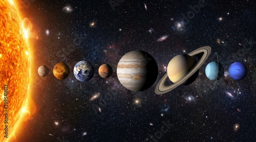 Alignment of all the planets in the solar system orbiting the bright sun in deep space.