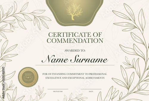 Fotografie Minimalist botanical certificate of commendation template, elegant green olive leaf line art border background, organic diploma award frame vector for wellness, education or eco business