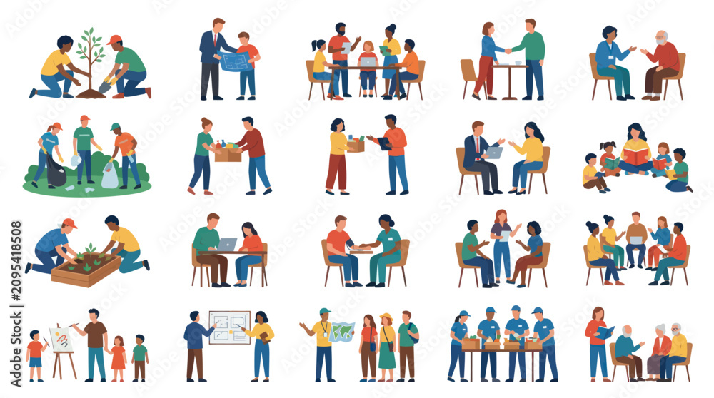 Fototapeta premium Diverse People Volunteering, Learning Working Together Flat Vector Illustration