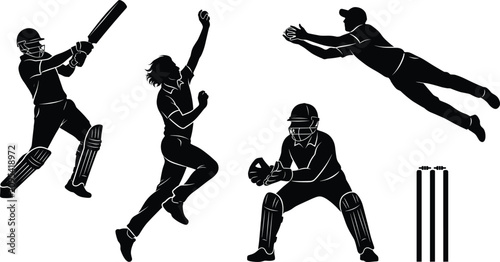 Fotografie Cricket Player Positions and Action Silhouette Set with Batsman Bowler Fielder a