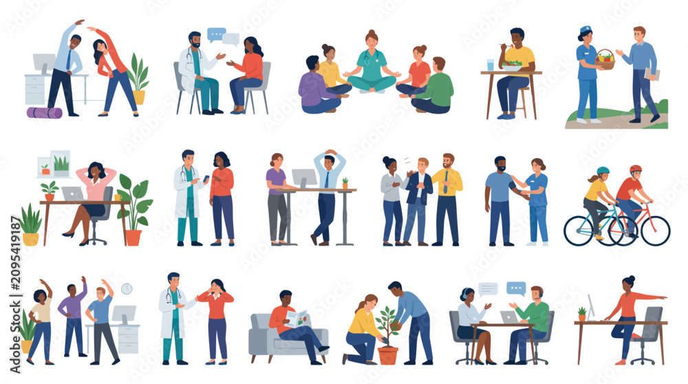 Fototapeta premium Diverse Healthy Lifestyle and Wellness People Activities Flat Vector Illustration