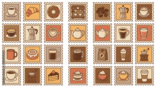 Variety of coffee and dessert icons.