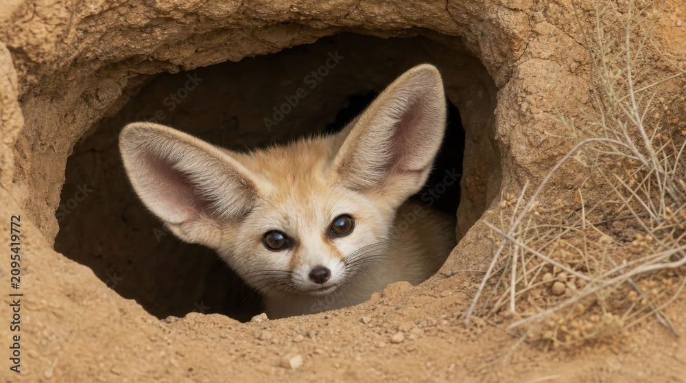 Fototapeta premium A fennec fox peeks out from its sandy den, showcasing its large ears and curious eyes in a desert environment.
