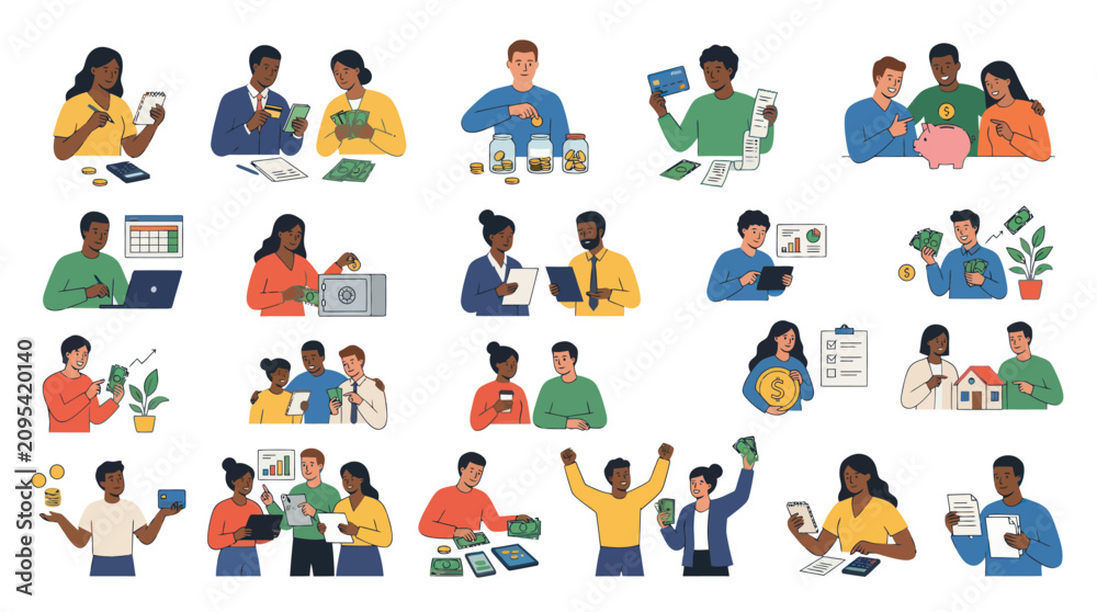 Fototapeta premium Flat Style Finance Illustrations of People Managing Money, Budgeting, Saving, and Investing