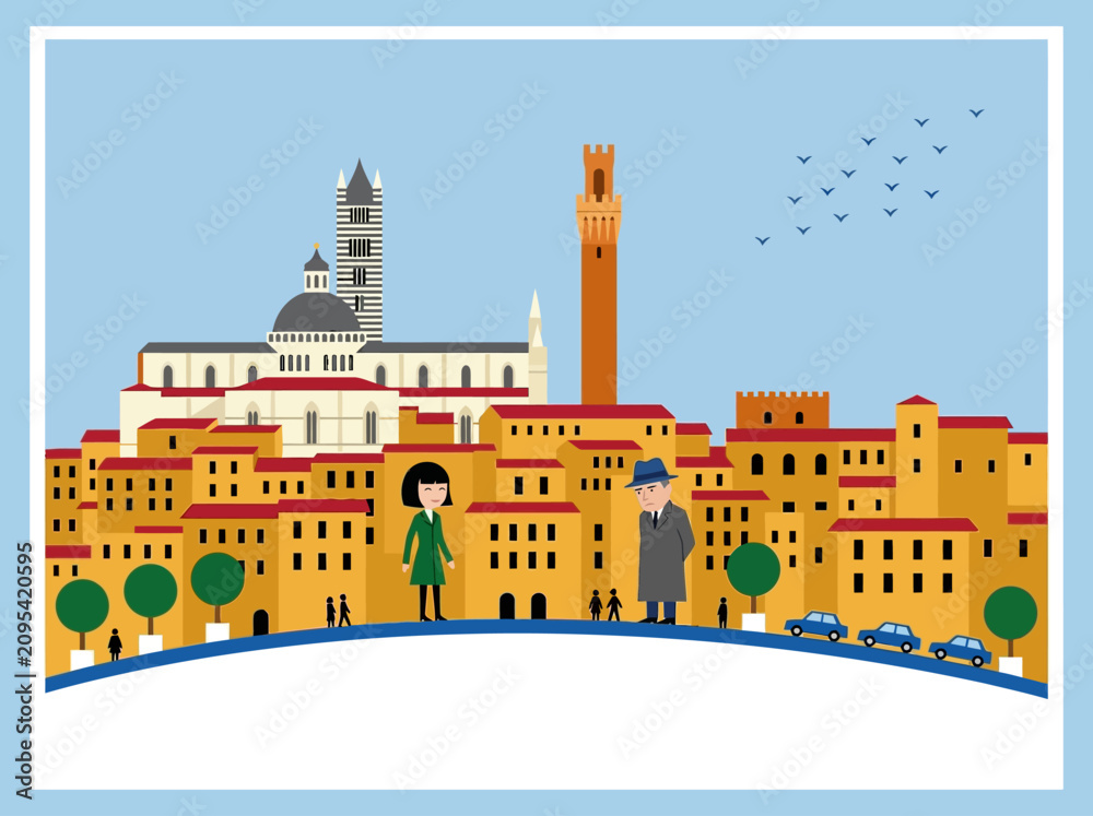 Fototapeta premium Minimalist flat illustration of Siena, Italy skyline with landmarks and stylized figures