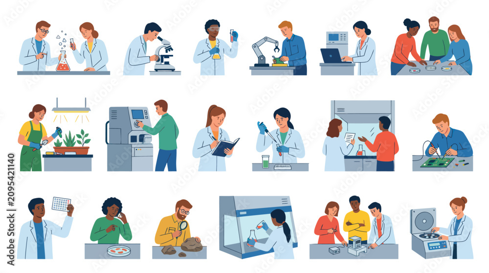 Fototapeta premium Science Laboratory Research Flat Illustration: Scientists working with microscopes, chemistry experiments