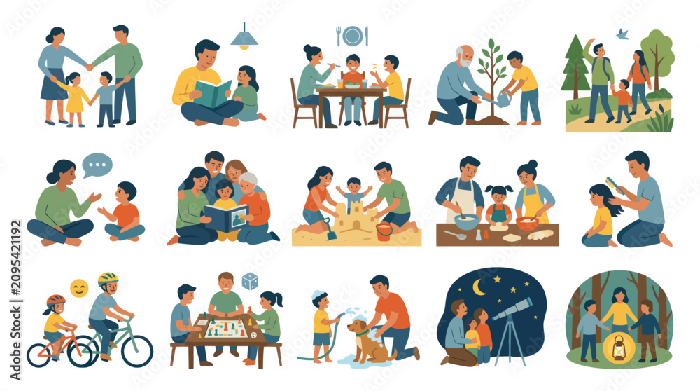 Fototapeta premium Flat Vector Illustrations: Happy Family Life, Parenting, and Childhood Development Activities Collection