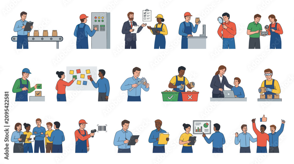 Fototapeta premium Flat Vector Illustrations of People Working in Business, Manufacturing, Logistics, and Industrial Workplace Processes.