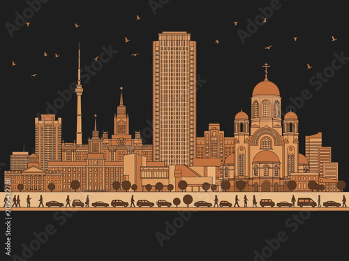 Photography Minimalist Moscow Skyline Vector Illustration with Famous Landmarks