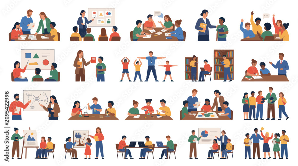 Fototapeta premium Education and Learning Flat Vector Illustrations: Diverse Students and Teachers in Classroom Settings.